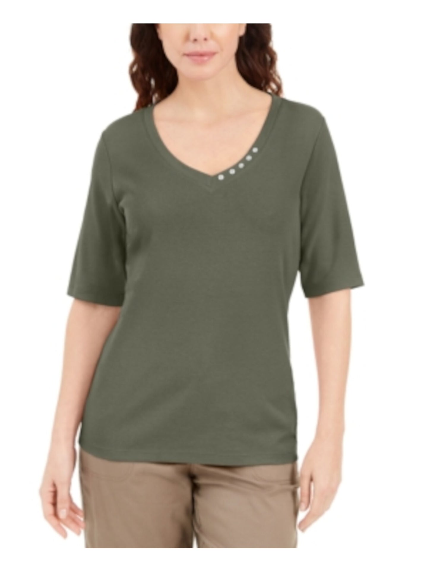 Karen Scott Women's V Neck T-Shirt Top Green Size Small