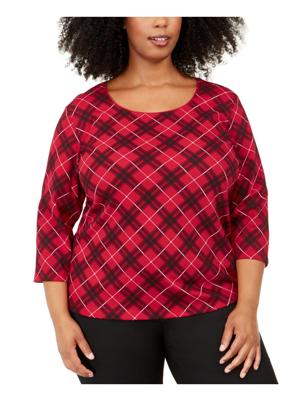 Karen Scott Women's Plus Top Plaid Scoop Neck Red Size 1X