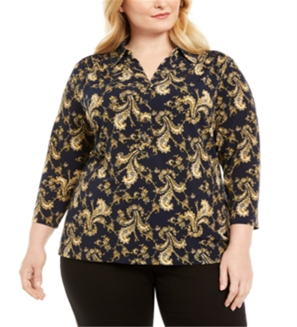 Charter Club Women's Plus Paisley Polo Style Shirt Blue Size 2X
