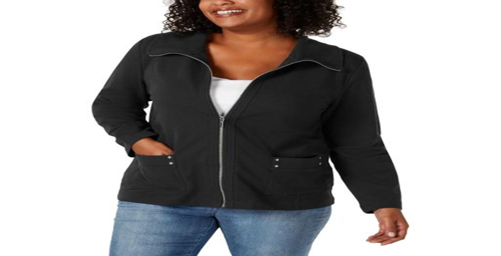 Karen Scott Women's Plus Casual Knit Zip Front Jacket Black Size 1X