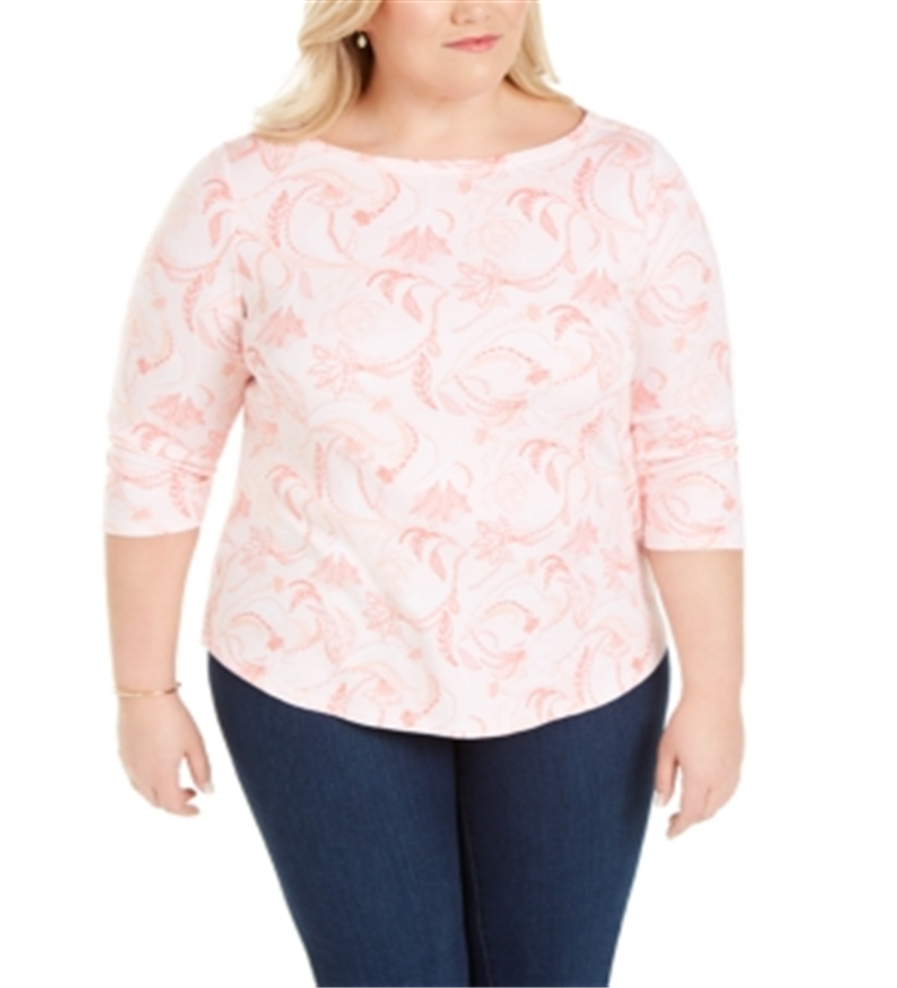 Charter Club Women's Cotton Printed 3/4 Sleeve T-Shirt Pink Size 2X