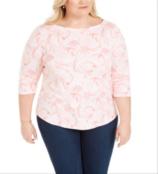 Charter Club Women's Cotton Printed 3/4 Sleeve T-Shirt Pink Size 2X