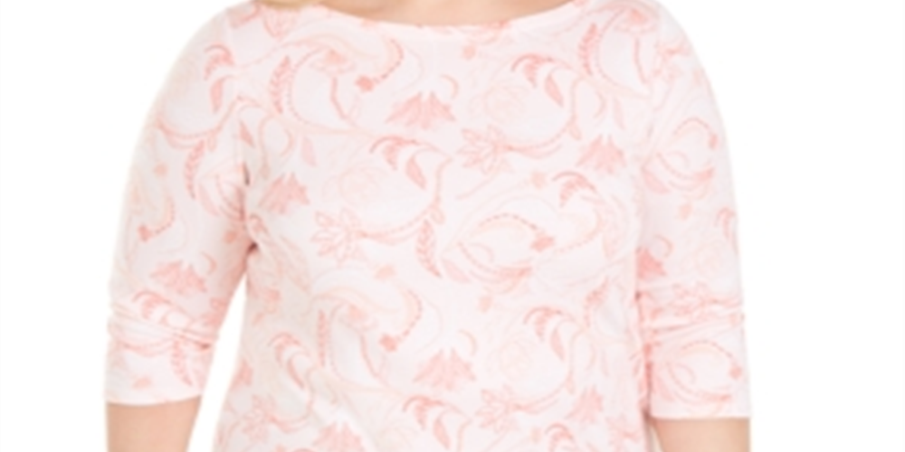 Charter Club Women's Cotton Printed 3/4 Sleeve T-Shirt Pink Size 2X
