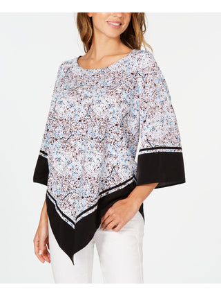 Alfani Women's Printed 3/4 Sleeve Jewel Neck Blouse Wear to Work Top Blue Size Petite Small