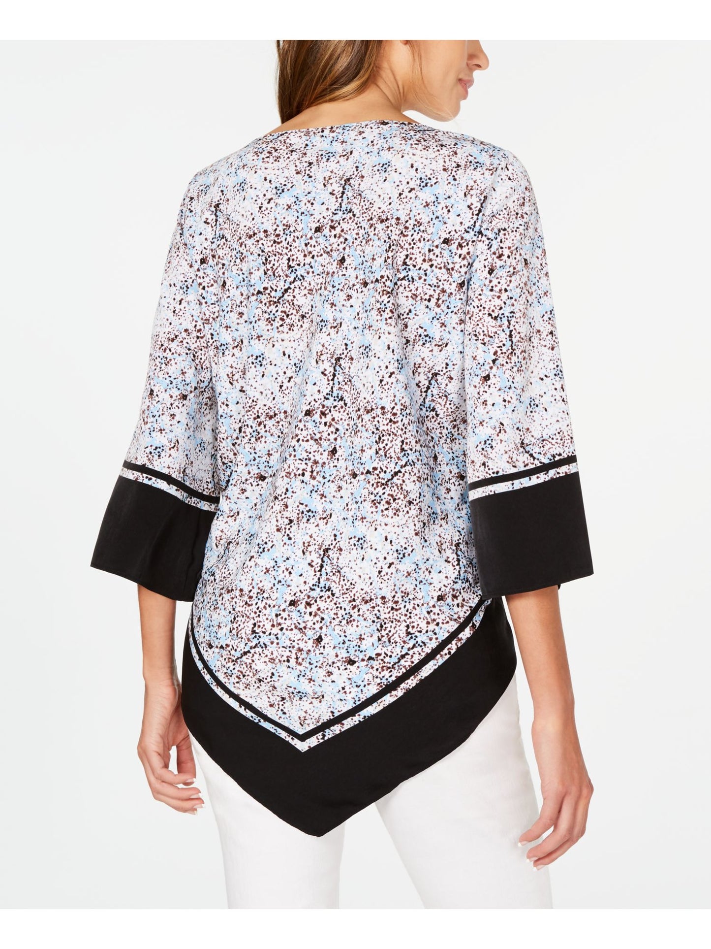Alfani Women's Printed 3/4 Sleeve Jewel Neck Blouse Wear to Work Top Blue Size Petite Small