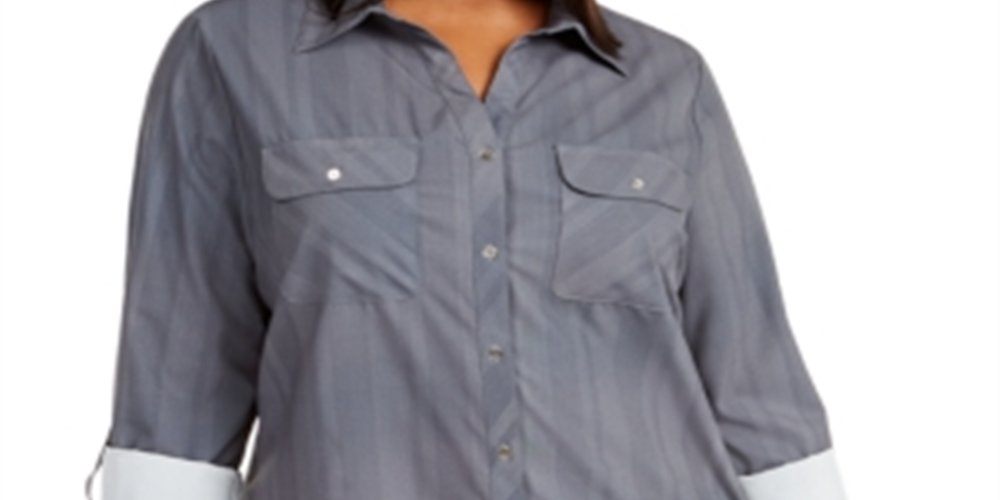 NY Collection Women's Plus Striped Utility Shirt Blue Size 1X