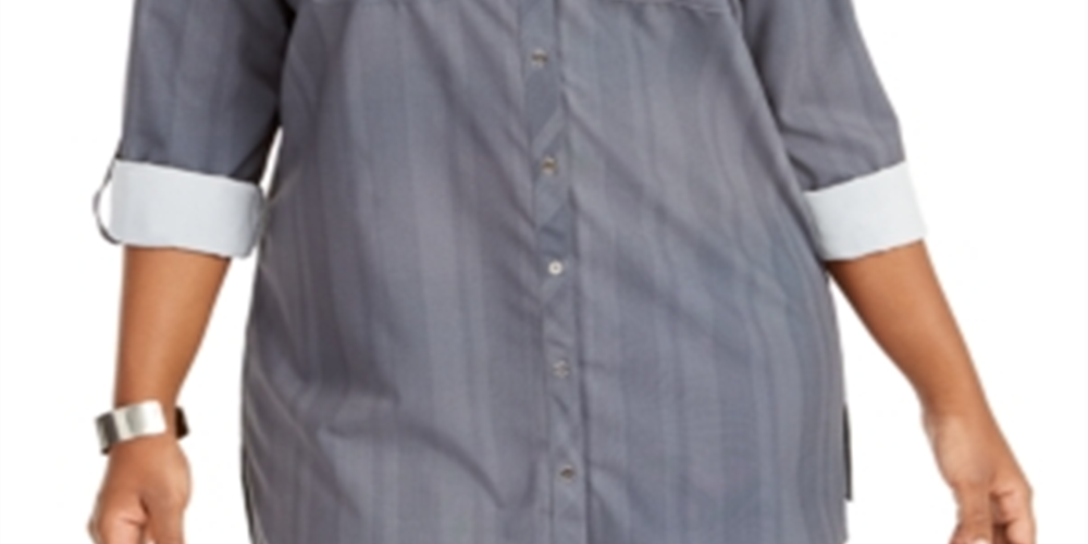 NY Collection Women's Plus Striped Utility Shirt Blue Size 1X