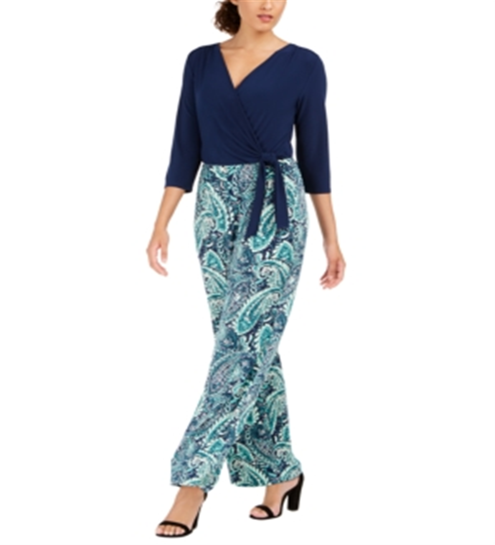 NY Collection Women's Printed Surplice Jumpsuit Green Size Petite Small