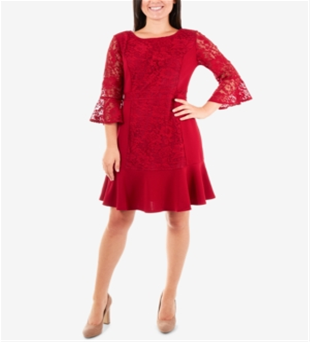 NY Collection Women's Lace Flounce Hem Shift Dress Red Size Small