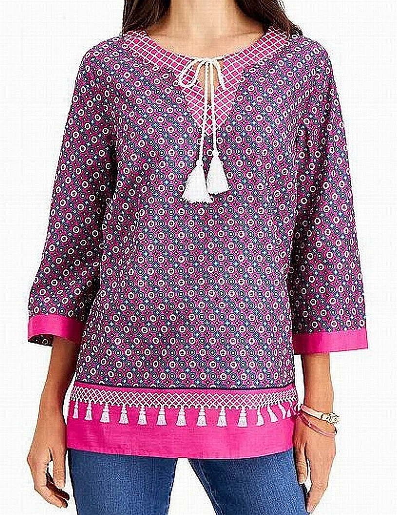 Charter Club Women's Blouse Split Neck Tassel Tunic Pink Size Medium