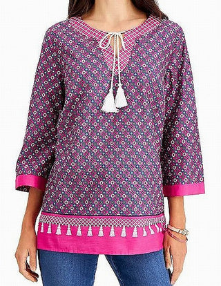 Charter Club Women's Blouse Split Neck Tassel Tunic Pink Size Medium