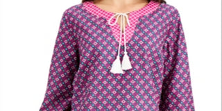 Charter Club Women's Blouse Split Neck Tassel Tunic Pink Size Medium