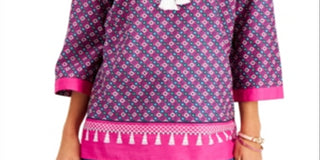 Charter Club Women's Blouse Split Neck Tassel Tunic Pink Size Medium