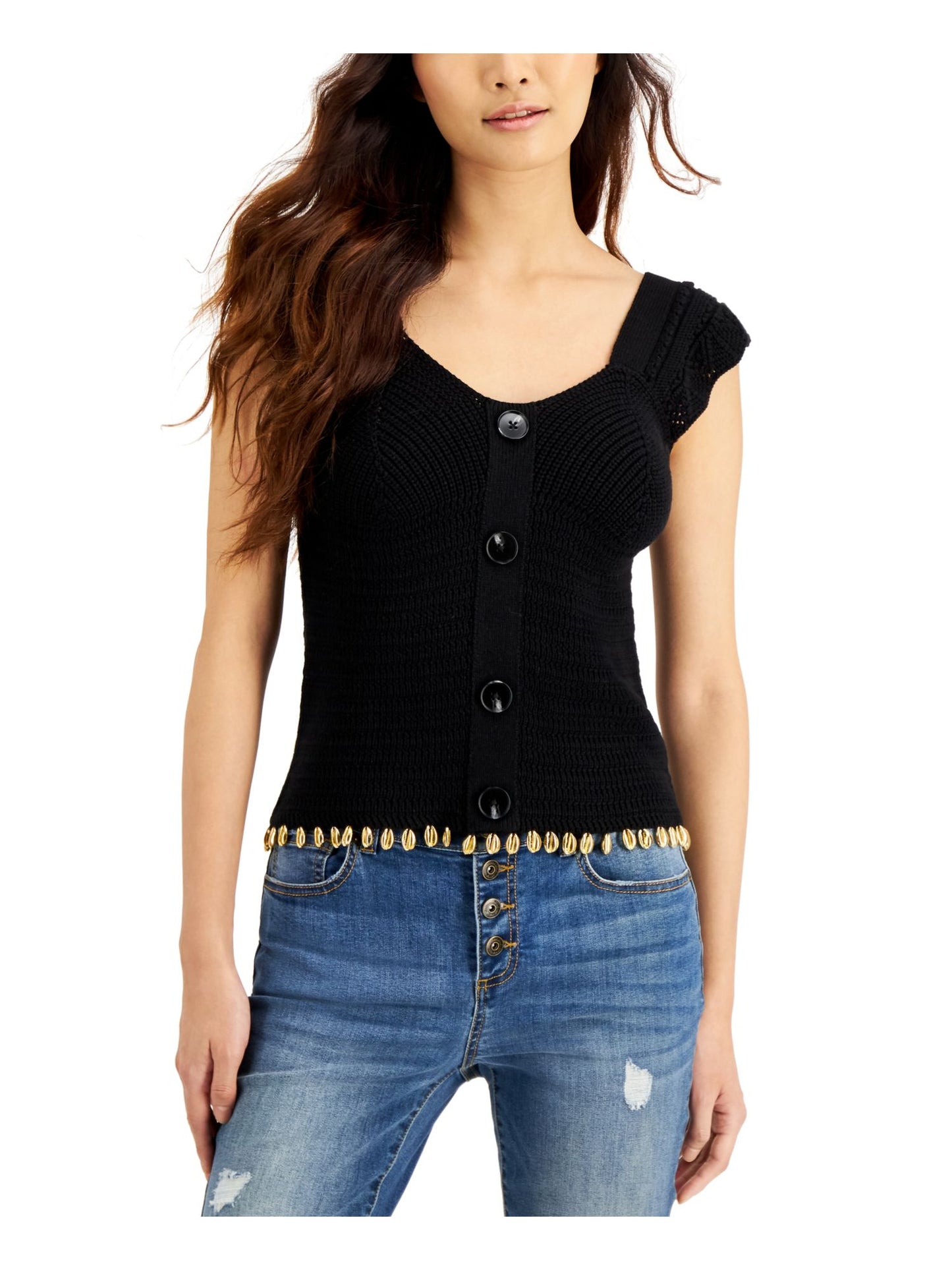 INC International Concepts Women's Beaded Cap Sleeve Jewel Neck Crop Top Sweater Black Size Small