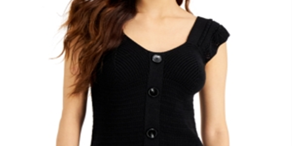 INC International Concepts Women's Beaded Cap Sleeve Jewel Neck Crop Top Sweater Black Size Small