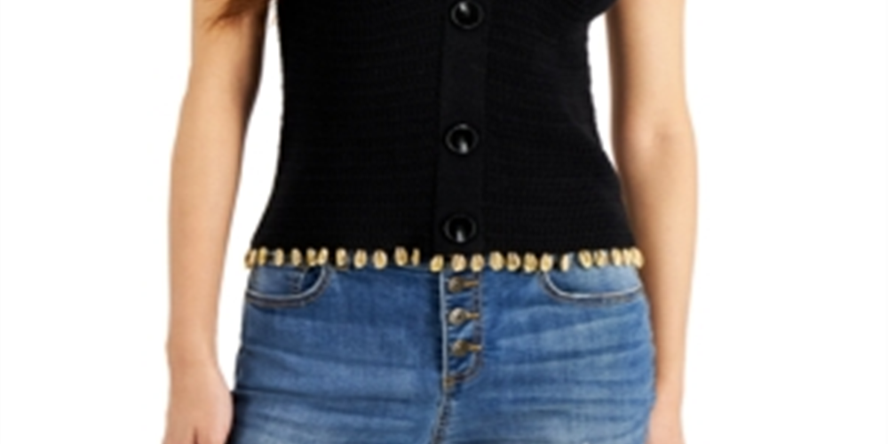 INC International Concepts Women's Beaded Cap Sleeve Jewel Neck Crop Top Sweater Black Size Small