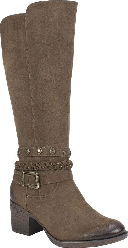 White Mountain Women's Stretch Gore Woven Straps Studded Western Inspired Cushioned Strappy Paulina Round Toe Block Heel Zip up Boots Brown Size 11 M