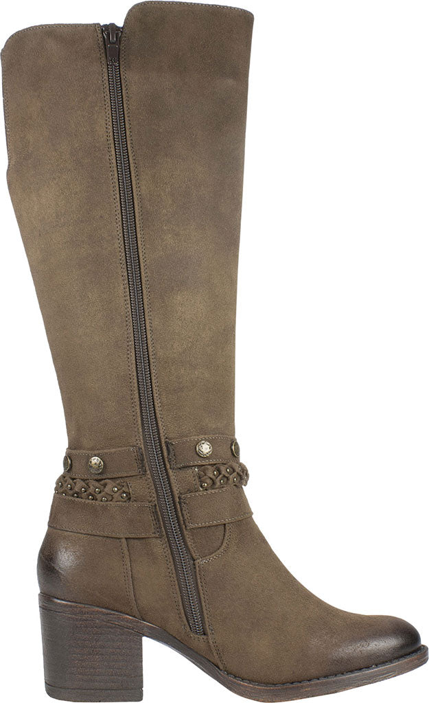 White Mountain Women's Stretch Gore Woven Straps Studded Western Inspired Cushioned Strappy Paulina Round Toe Block Heel Zip up Boots Brown Size 11 M