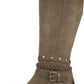 White Mountain Women's Stretch Gore Woven Straps Studded Western Inspired Cushioned Strappy Paulina Round Toe Block Heel Zip up Boots Brown Size 11 M