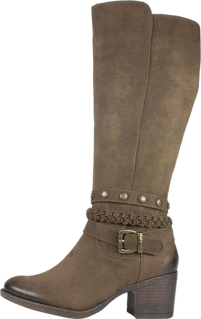 White Mountain Women's Stretch Gore Woven Straps Studded Western Inspired Cushioned Strappy Paulina Round Toe Block Heel Zip up Boots Brown Size 11 M