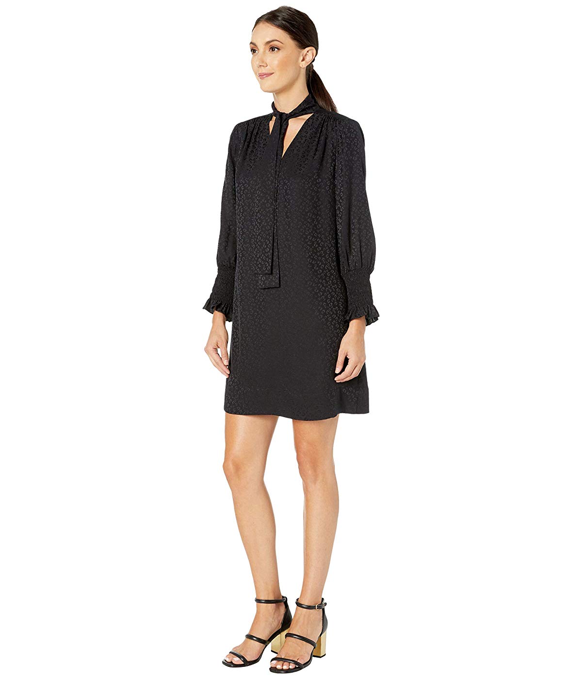 Rebecca Taylor Women's Long Sleeve Cheetah Jacquard Tie Neck Dress Black- Size XS