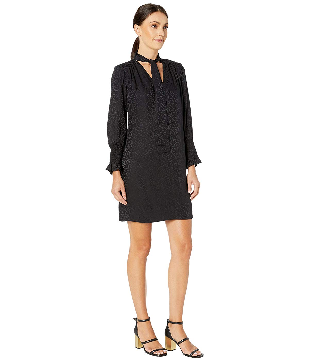 Rebecca Taylor Women's Long Sleeve Cheetah Jacquard Tie Neck Dress Black- Size XS