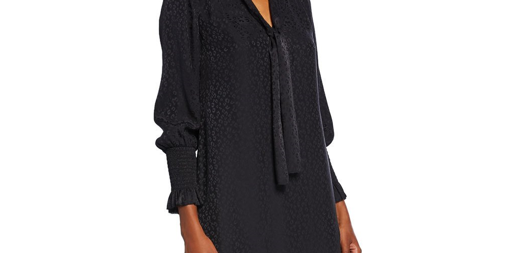 Rebecca Taylor Women's Long Sleeve Cheetah Jacquard Tie Neck Dress Black- Size XS