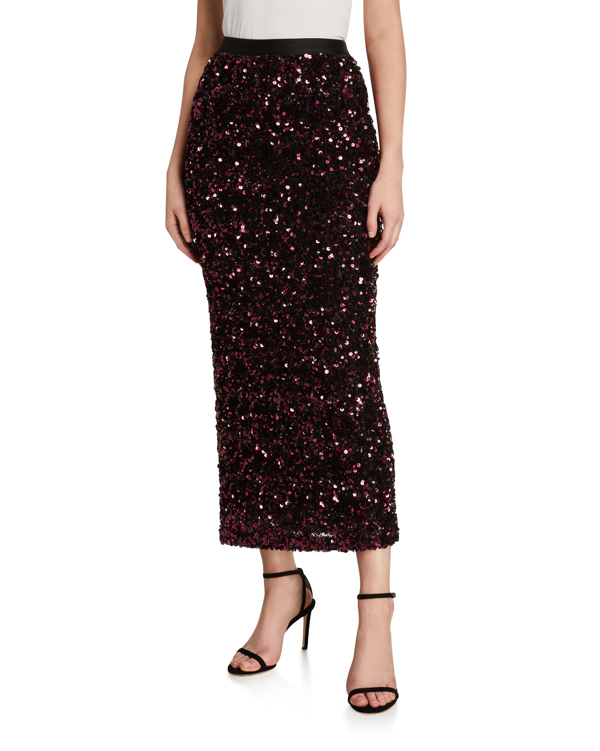 Rebecca Taylor Women's Sequined Solid Below the Knee Pencil Skirt Red Size Large