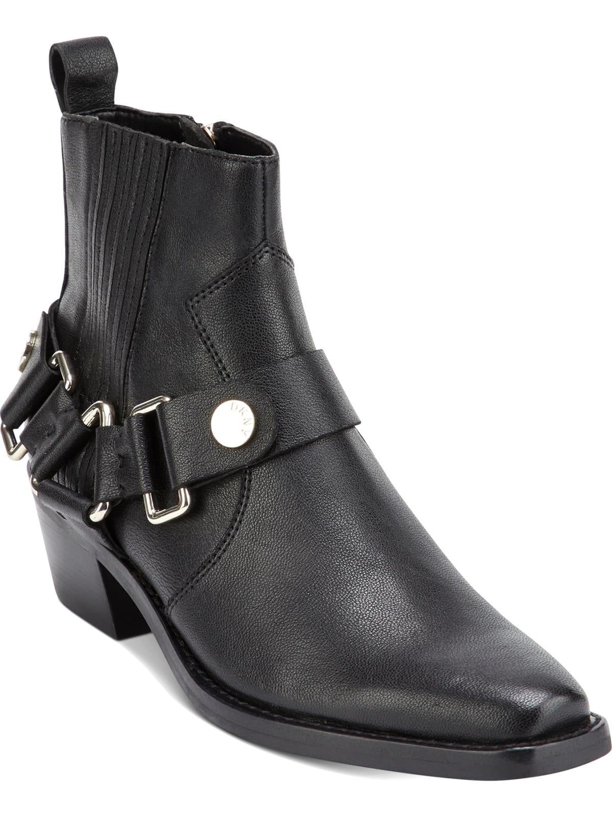 DKNY Women's Padded Mina Square Toe Block Heel Zip up Leather Booties Black Size 9 M