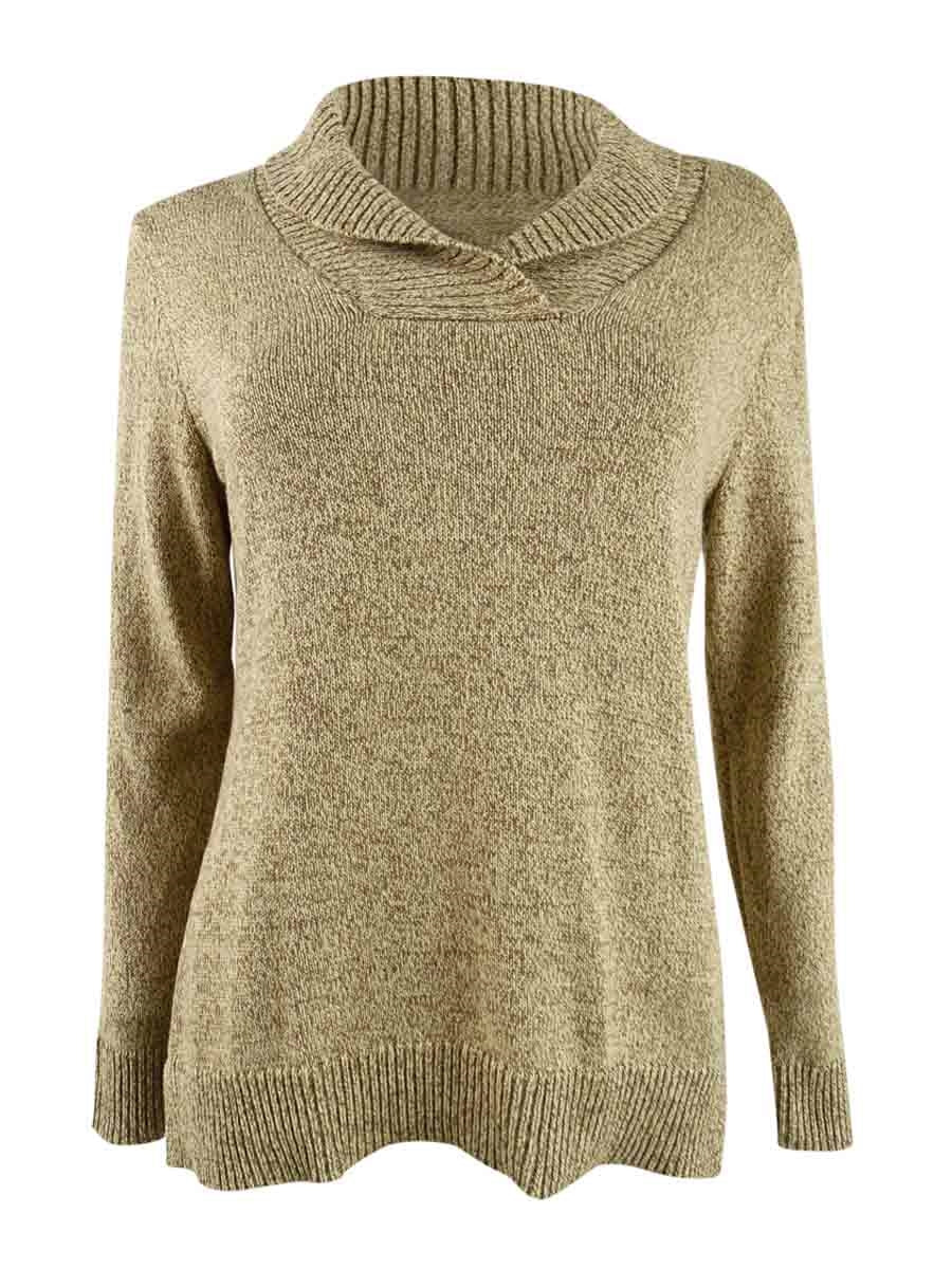 Karen Scott Women's Marled Cotton Shawl-Collar Sweater Chesnut Marl Size XS