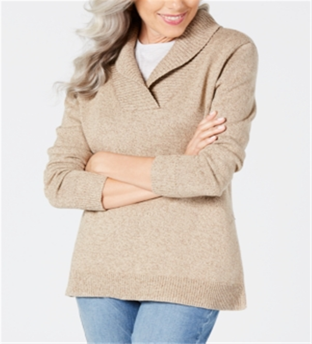 Karen Scott Women's Marled Cotton Shawl-Collar Sweater Chesnut Marl Size XS