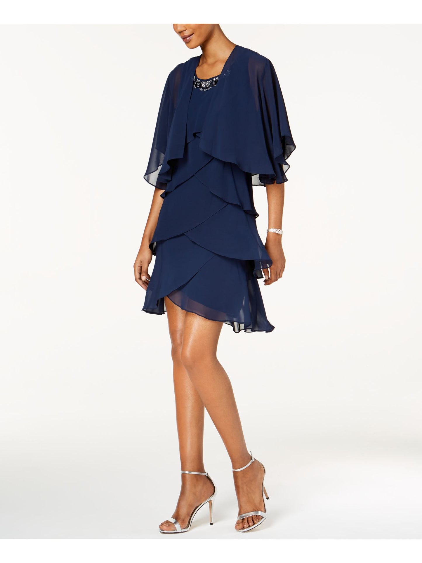 Slny Women's Teal Ruffled Short Sleeve Jewel Neck Above the Knee Sheath Formal Dress Blue Size 14