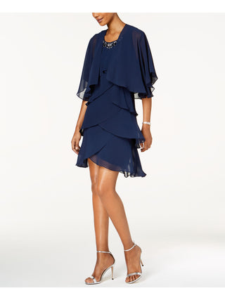 Slny Women's Teal Ruffled Short Sleeve Jewel Neck Above the Knee Sheath Formal Dress Blue Size 14