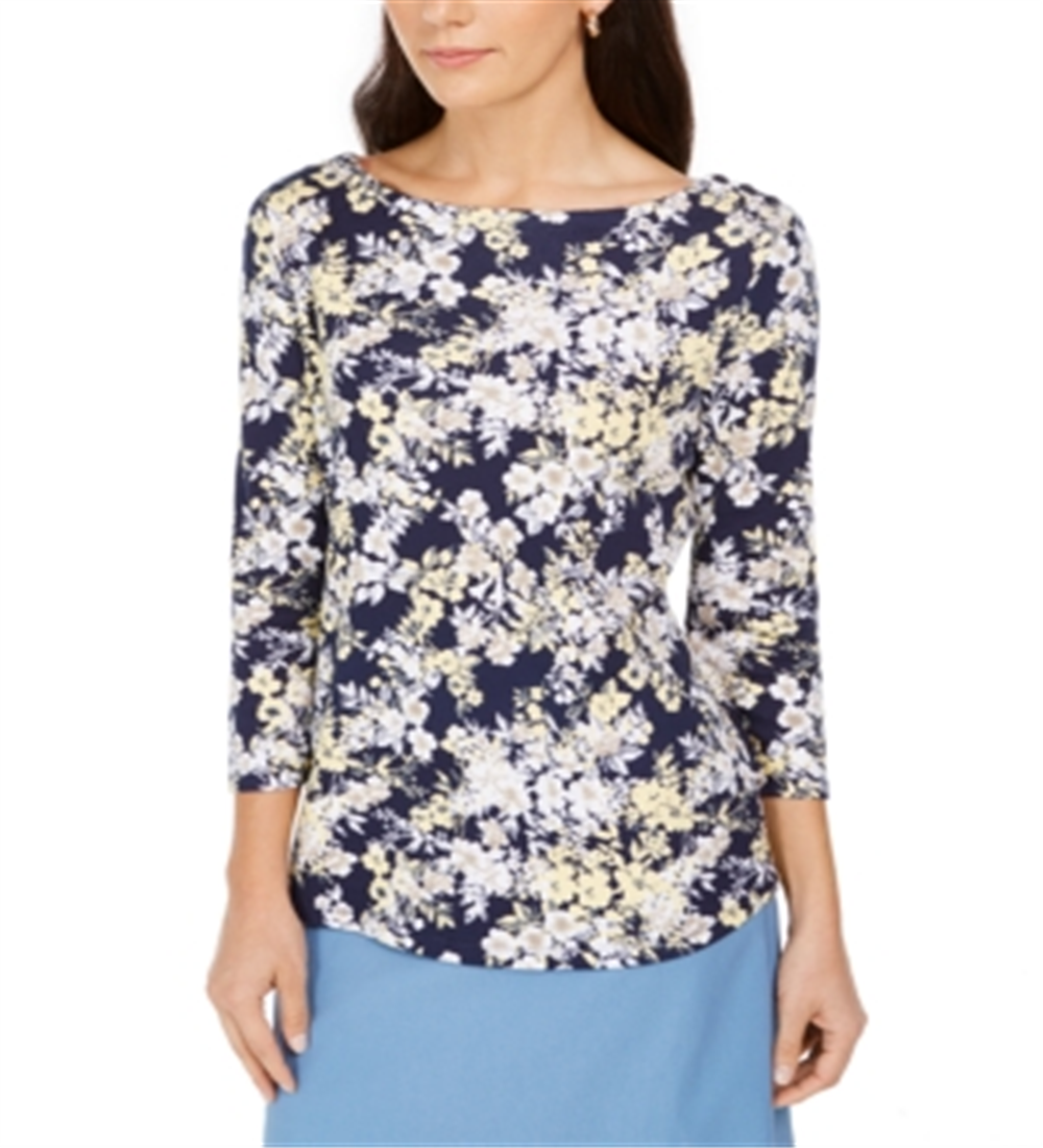 Charter Club Women's Pima Cotton Combo Print Top Navy Size S