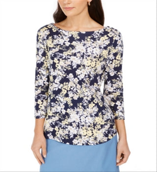 Charter Club Women's Pima Cotton Combo Print Top Navy Size S