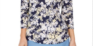 Charter Club Women's Pima Cotton Combo Print Top Navy Size S