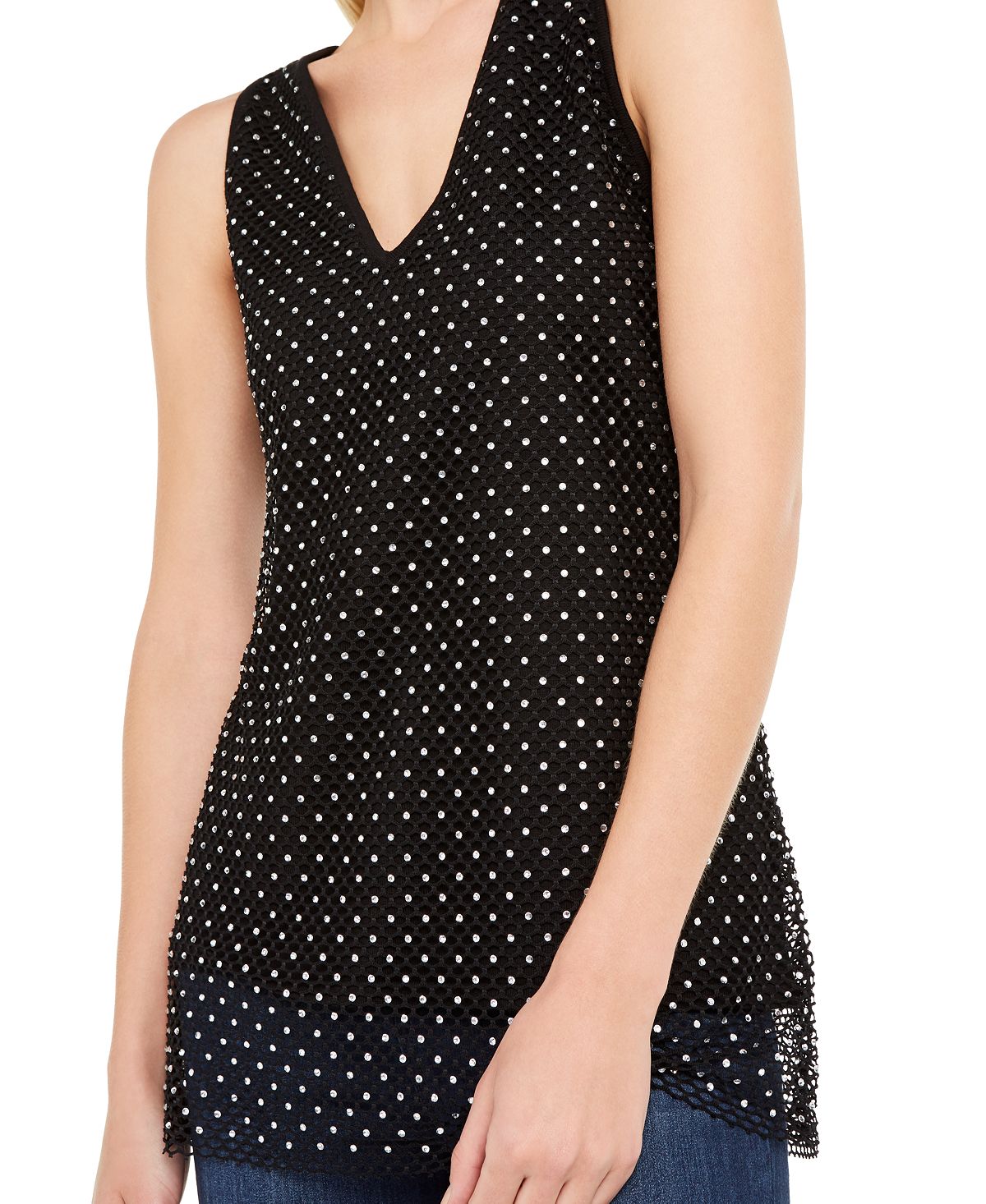 INC International Concepts Women's Rhinestone Sleeveless V Neck Sweater Black Size X-Small