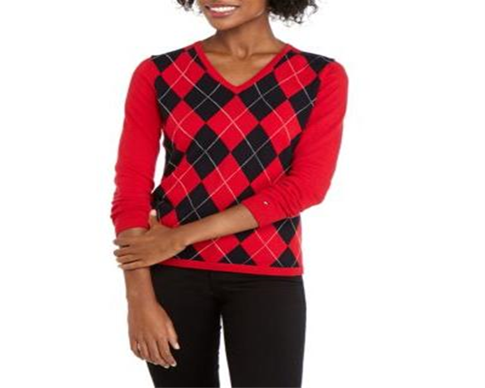 Tommy Hilfiger Women's Colorblocked Argyle Sweater Red Size -XXL
