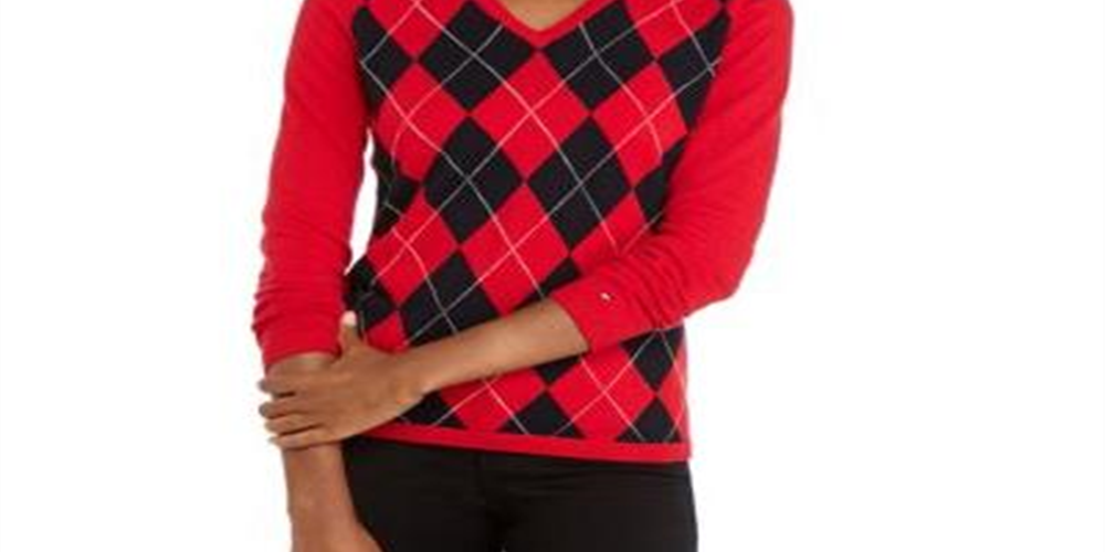 Tommy Hilfiger Women's Colorblocked Argyle Sweater Red Size -XXL