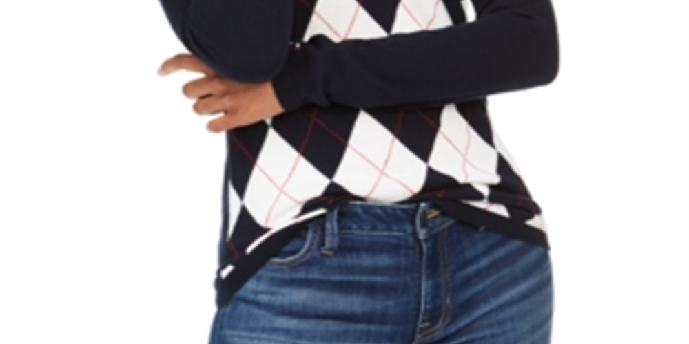 Tommy Hilfiger Women's Long Sleeve V Neck Argyle Front Sweater Navy Size M