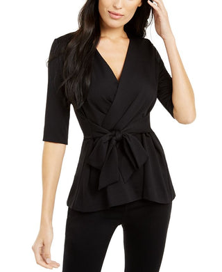 Alfani Women's Faux Wrap Elbow Sleeve Top Black Size Petite S