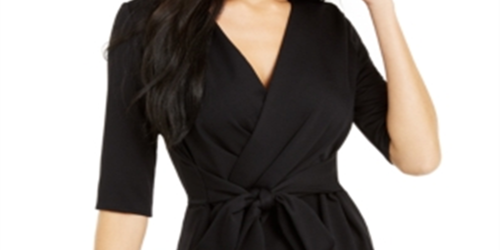 Alfani Women's Faux Wrap Elbow Sleeve Top Black Size Petite S