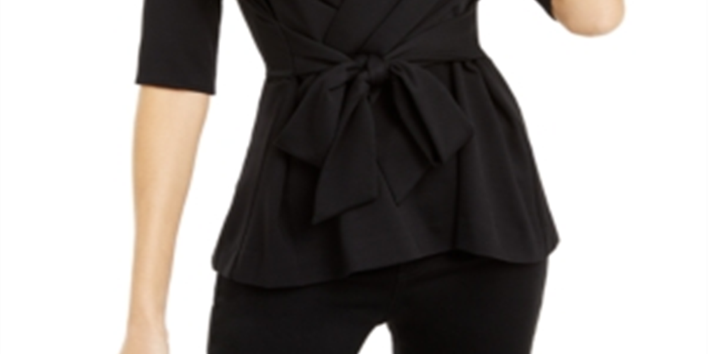 Alfani Women's Faux Wrap Elbow Sleeve Top Black Size Petite S