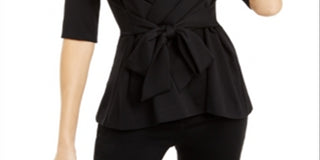 Alfani Women's Faux Wrap Elbow Sleeve Top Black Size Petite S