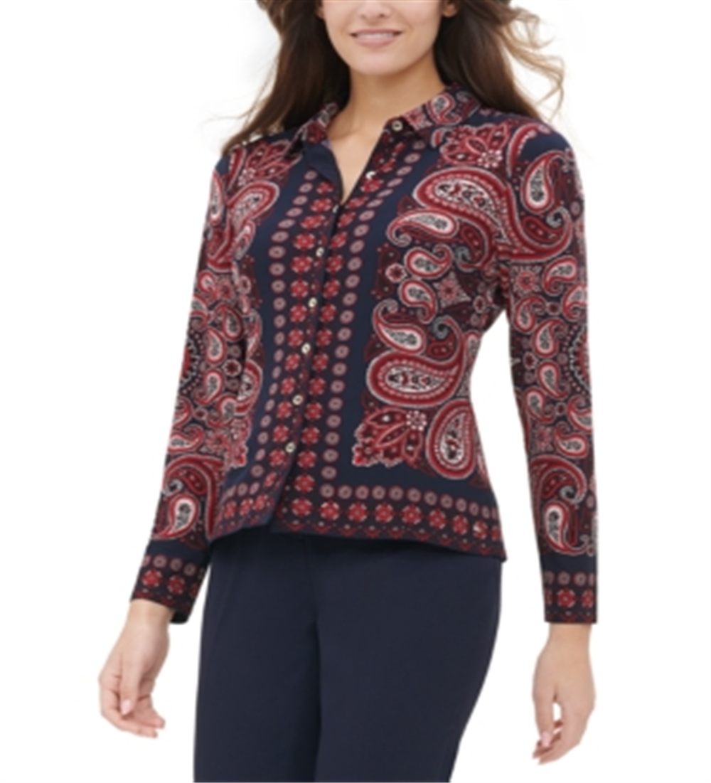 Tommy Hilfiger Women's Paisley Print Button up Blouse White Size S