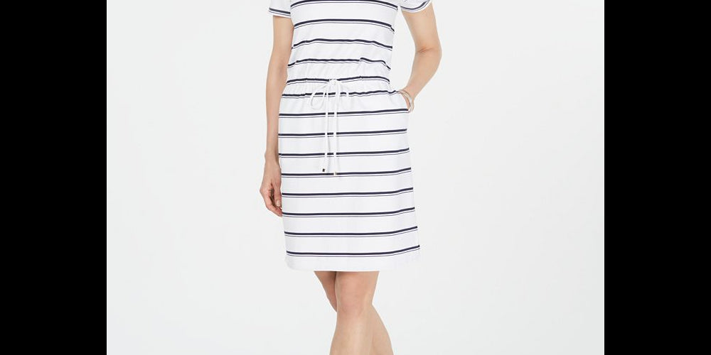 Charter Club Petite Striped Terry Drawstring Dress Black Size S