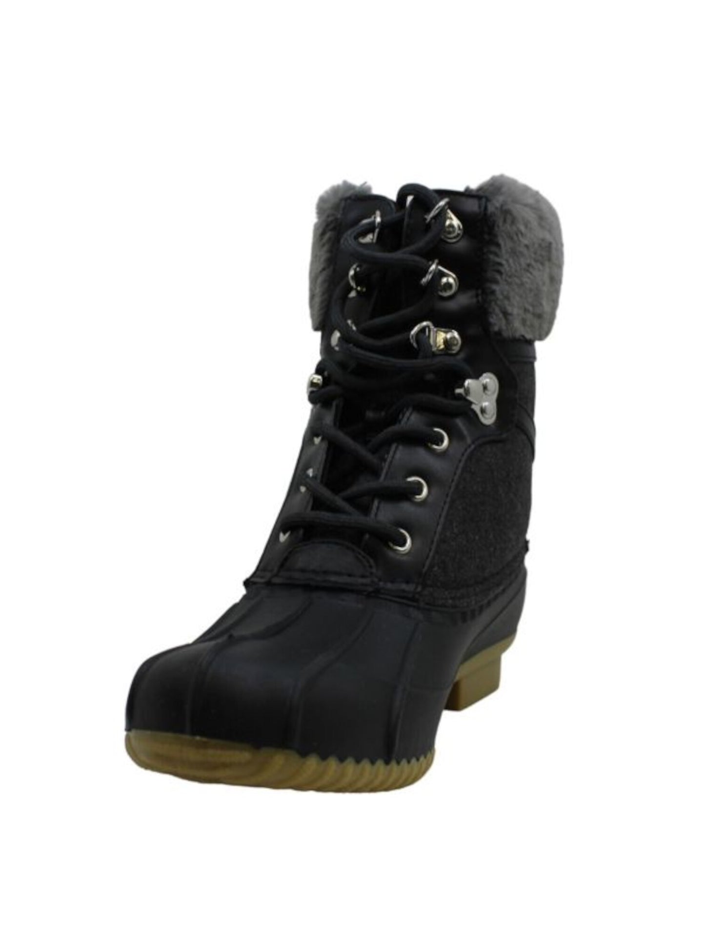 Tommy Hilfiger Women's Metallic Accents Duck Boot Inspired Fur Trim Waterproof Rian Round Toe Block Heel Lace up Snow Boots Black Size 5 M