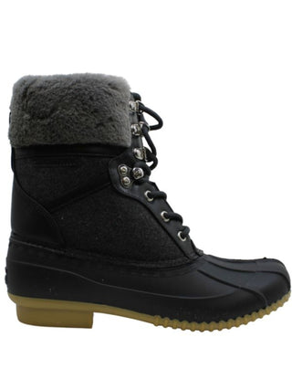 Tommy Hilfiger Women's Metallic Accents Duck Boot Inspired Fur Trim Waterproof Rian Round Toe Block Heel Lace up Snow Boots Black Size 5 M