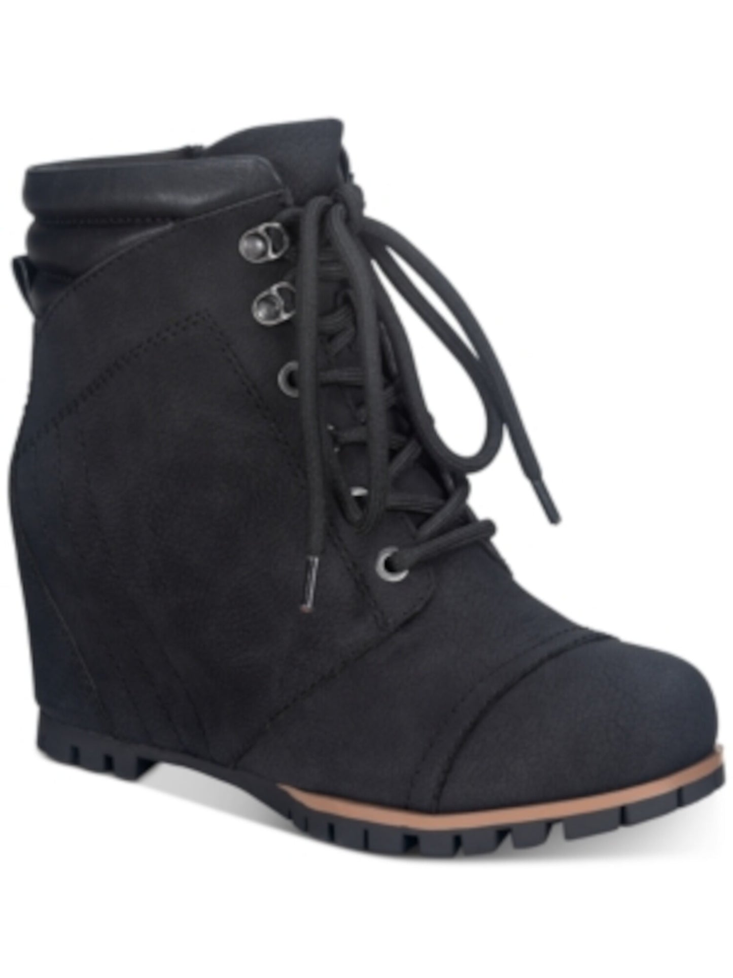 Sun Stone Women's Side Zip Lug Sole Cushioned Lizzie Round Toe Wedge Lace up Booties Black Size 6 M
