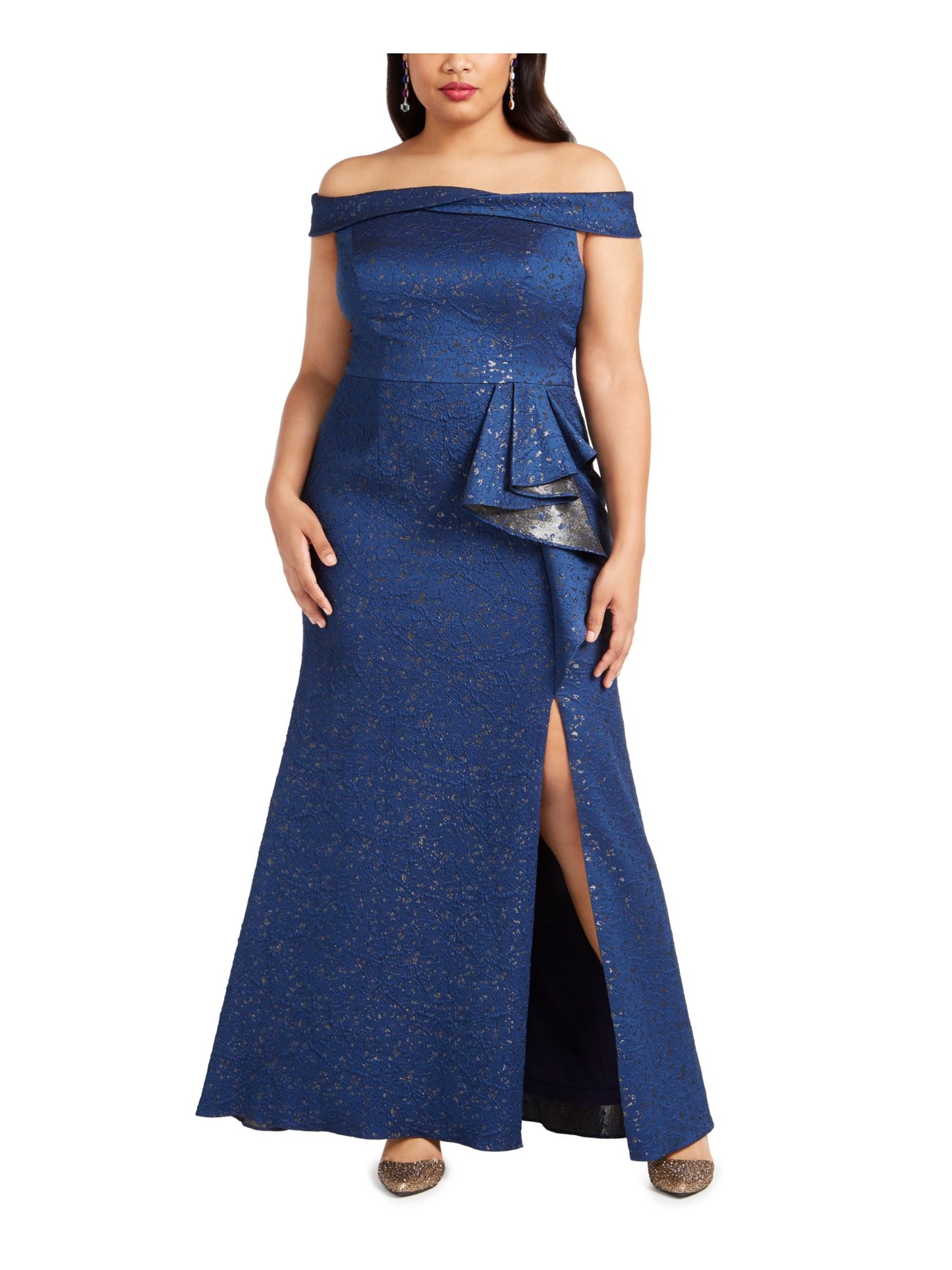 Adrianna Papell Womens Plus Evening Dress Metallic Off-the-Shoulder - Light Navy Blue Size 22